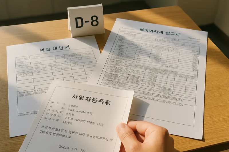세금계산서와 부가가치세 신고서, 사업자등록증을 펼쳐 사업 실체를 정리하는 장면, D-8 체류연장 준비