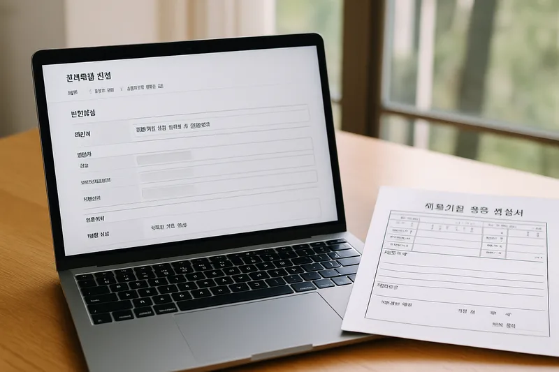 하이코리아 전자민원으로 F-6 결혼비자 체류기간 연장을 온라인 신청하는 노트북 화면과 스캔한 서류