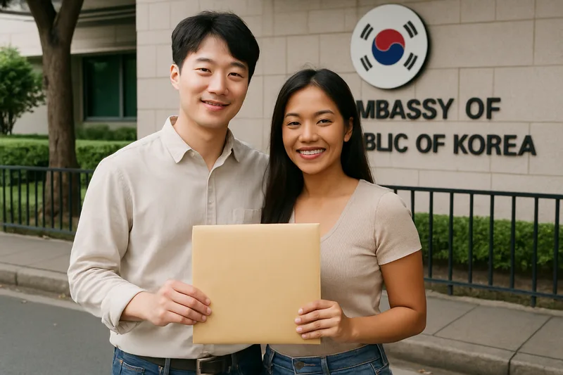 마닐라 주필리핀 대한민국 대사관 앞에서 서류 봉투를 든 한국인과 필리핀인 부부, F-6 결혼비자 신청
