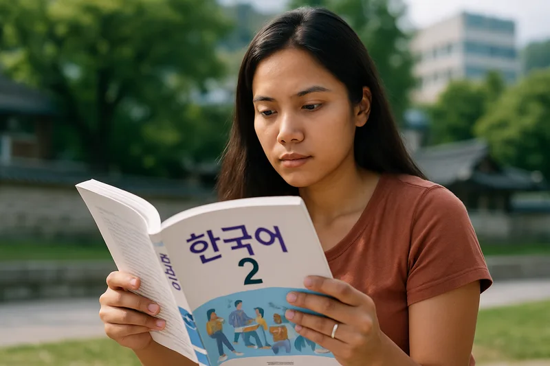 한국어 교재를 펴고 공부하는 필리핀 여성, F-6 결혼비자 의사소통 요건 TOPIK 준비