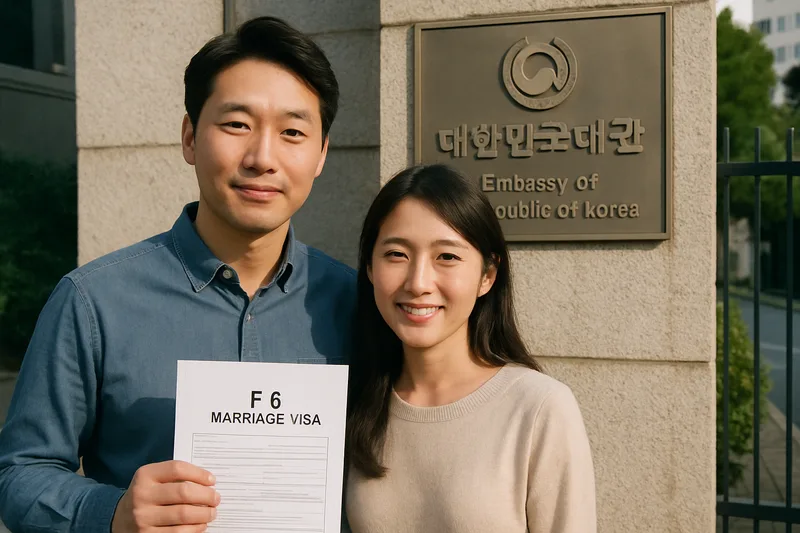 주일 대한민국 대사관 앞에서 서류를 든 한국인과 일본인 부부, F-6 결혼비자 신청
