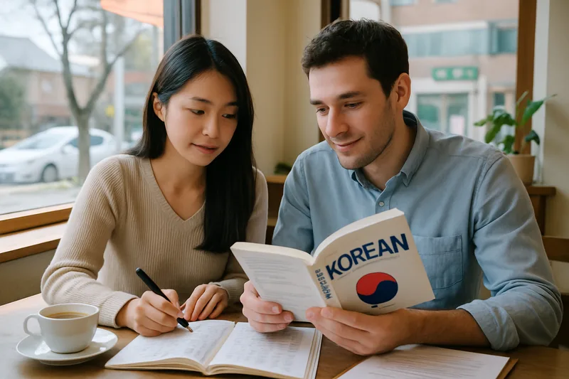 카페에서 함께 한국어를 공부하는 한일 부부, F-6 결혼비자 의사소통 요건 준비