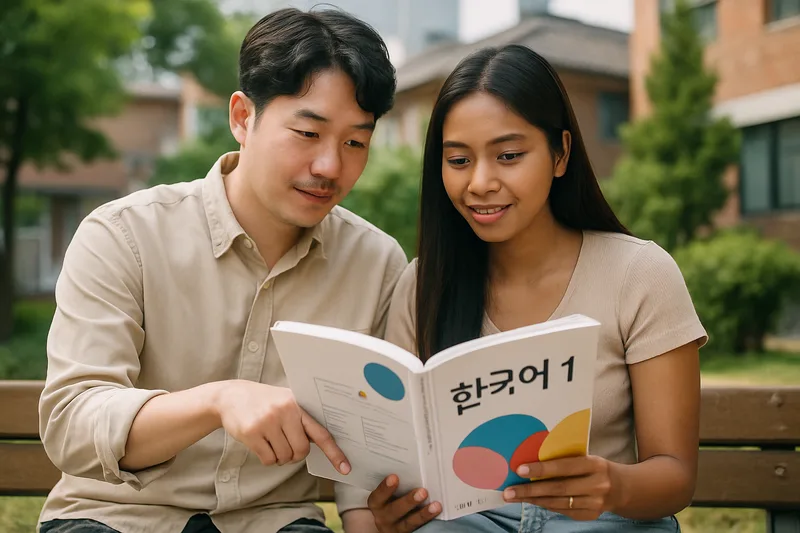 한국어 교재로 함께 공부하는 한국인과 태국인 부부, F-6 결혼비자 의사소통 요건 준비