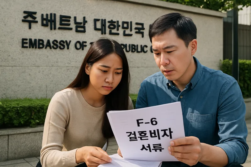 하노이 주베트남 대한민국 대사관 앞에서 F-6 결혼비자 서류를 정리하는 한국인 남편과 베트남인 아내