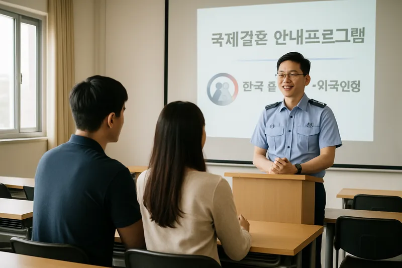 한국 출입국·외국인청 교육장에서 국제결혼 안내프로그램을 이수하는 한국인 초청인, F-6 결혼비자 준비