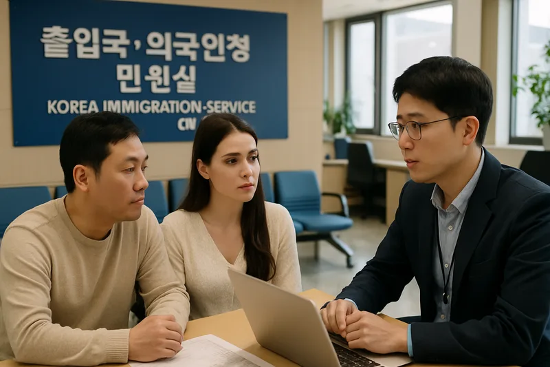 한국 출입국·외국인청 민원실에서 체류연장을 상담하는 국제결혼 부부, F-6 비자 연장 절차
