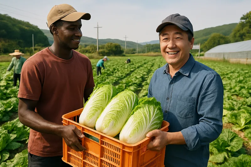 농장에서 수확 작업을 하는 외국인 계절근로자와 한국인 농장주, E-9 농축산업 고용허가제