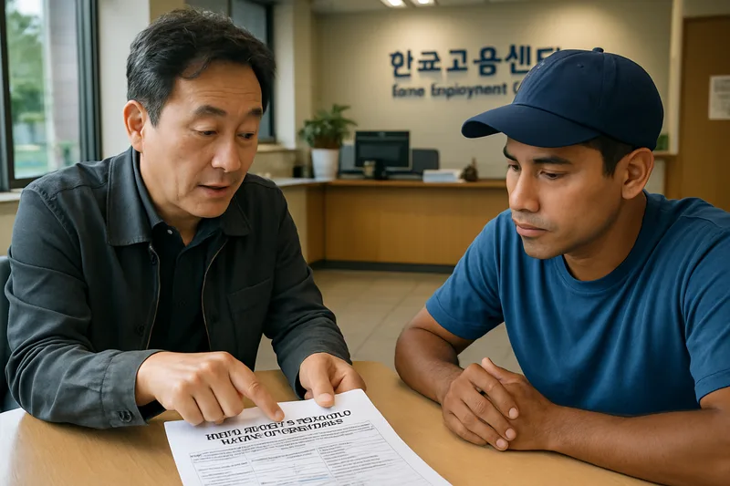 한국 고용센터에서 외국인 고용허가 서류를 상담하는 사업주, E-9 고용허가제 절차