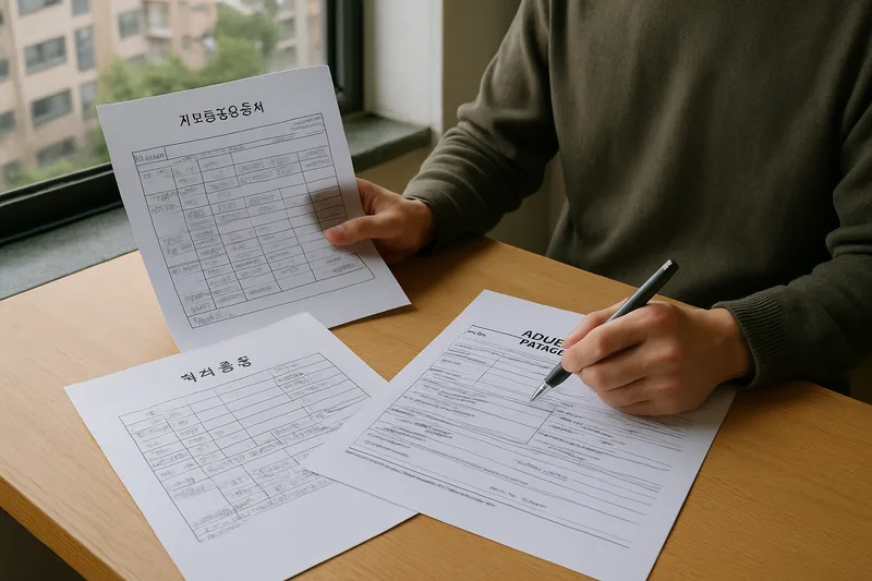 가족관계 서류와 제적등본을 검토하며 F-4 동포 입증을 준비하는 모습, 재외동포 비자
