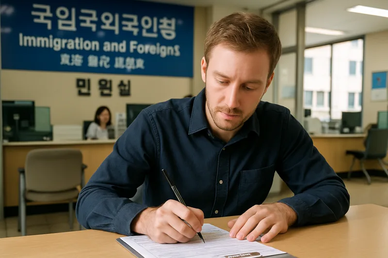 한국 출입국 외국인청 민원실에서 외국인등록 서류를 준비하는 외국인 강사, E-2 회화지도 비자 절차
