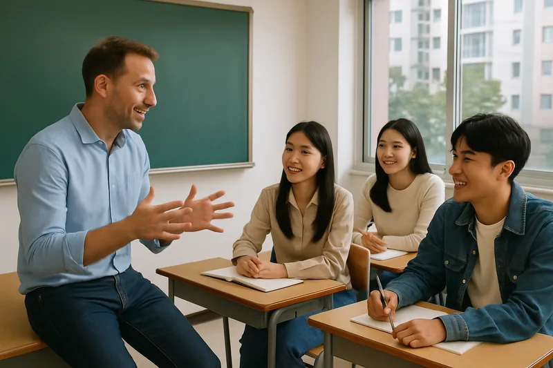 원어민 강사가 한국 어학원 교실에서 학생들과 영어 회화 수업을 하는 장면, E-2 회화지도 비자 활동