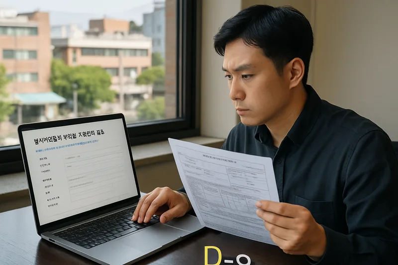 한국무역협회 무역업 고유번호 발급 화면과 수출입 통관 서류를 비교하는 모습, D-9 무역경영 실적 소명