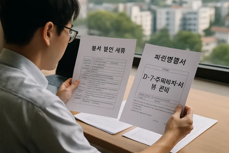 본사 법인 서류와 파견명령서를 검토하며 서류를 비교하는 행정 담당자, D-7 주재비자 서류 준비