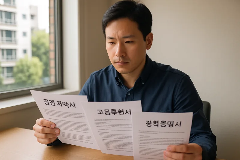 공연 계약서와 고용추천서, 경력증명 서류를 검토하는 기획사 담당자, E-6 예술흥행 초청 준비