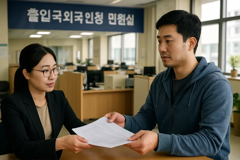 한국 출입국외국인청 민원실에서 동포 자격 변경 서류를 접수하는 외국국적동포, H-2에서 F-4 전환