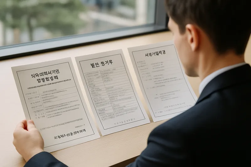 외국인투자기업 등록증명서와 법인 등기부, 사업자등록증을 나란히 놓고 비교 검토하는 행정 담당자, D-8 기업투자비자 서류