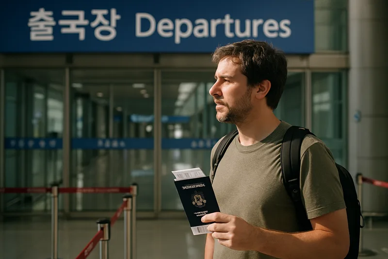 공항 출국장에서 여권과 항공권을 들고 출국 수속을 준비하는 외국인, 초과체류 자진출국