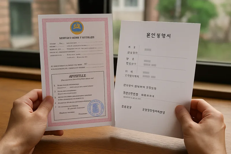 몽골어 혼인증명서에 아포스티유 확인과 한국어 번역본을 나란히 놓고 검토하는 모습, F-6 결혼비자 서류 준비