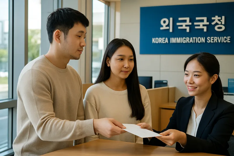 한국인 남편과 몽골인 아내가 한국 출입국·외국인청에서 외국인등록을 위해 서류를 제출하는 모습, F-6 결혼비자 입국 후 절차