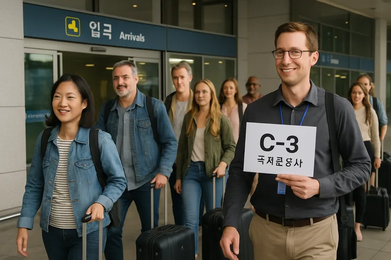 인천공항 입국장에서 여행사 인솔자와 함께 단체로 입국하는 외국인 관광객 무리, C-3 단체관광 단기방문비자