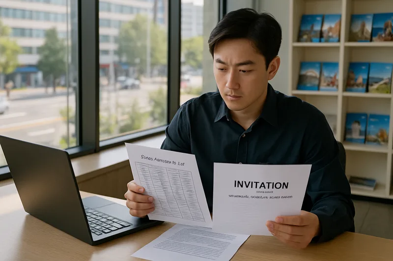 여행사 사무실에서 단체 참가자 명단과 초청 서류를 검토하는 담당자, C-3-2 단체관광 사증 초청 준비