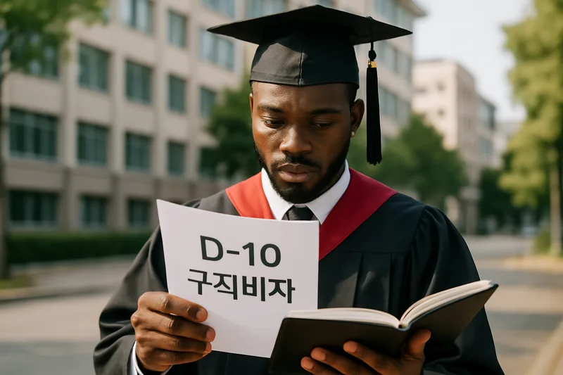 한국 대학 졸업식에서 학사모를 쓴 외국인 유학생이 취업을 준비하는 모습, D-10 구직비자