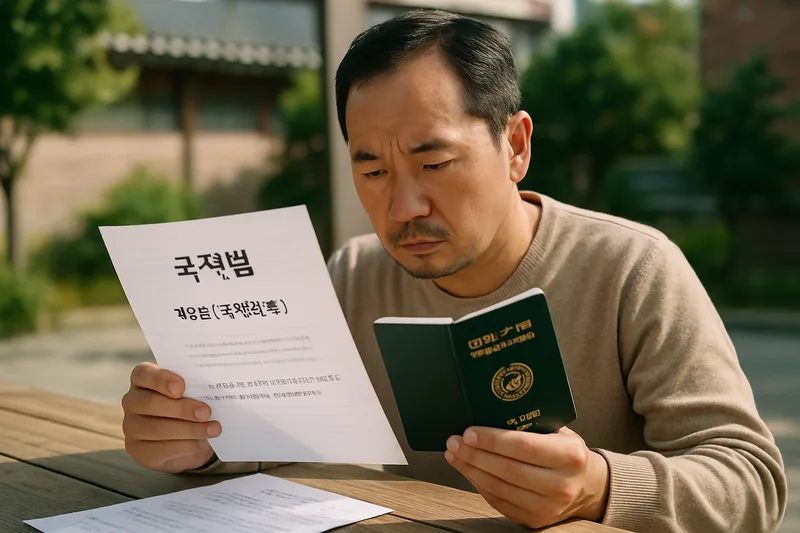 해외 이민으로 한국 국적을 잃었던 재외동포가 국적회복 신청을 위해 여권과 가족관계 서류를 검토하는 모습, 국적법 제9조 국적회복