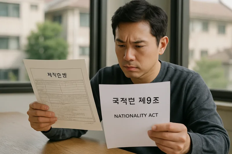 국적회복 신청자가 과거 제적등본과 외국 국적 증명서를 비교하며 결격사유를 점검하는 모습, 국적법 제9조 결격사유