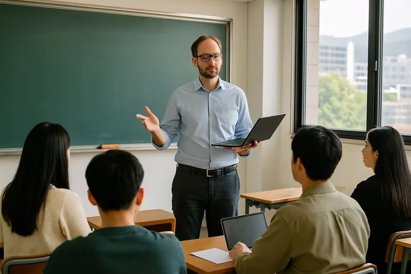 한국 대학 강의실에서 외국인 교수가 전공 강의를 진행하는 모습, E-1 교수비자