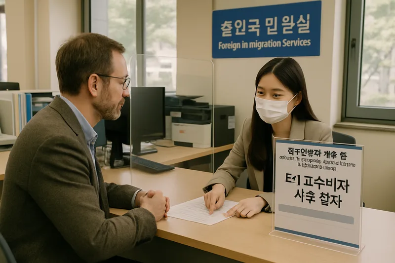 외국인 교수가 출입국 민원실에서 외국인등록과 체류 관련 상담을 받는 모습, E-1 교수비자 사후 절차
