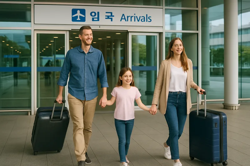 인천국제공항 입국장에서 캐리어를 끌고 들어오는 외국인 가족, 한국에 함께 정착하러 온 F-3 동반가족