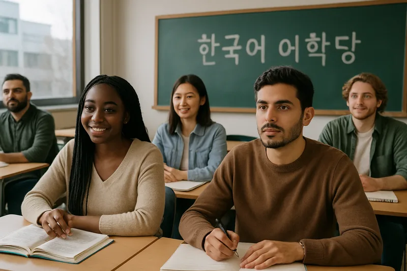 한국어 어학당 강의실에서 수업을 듣는 다양한 국적의 외국인 연수생들, D-4 어학연수 비자