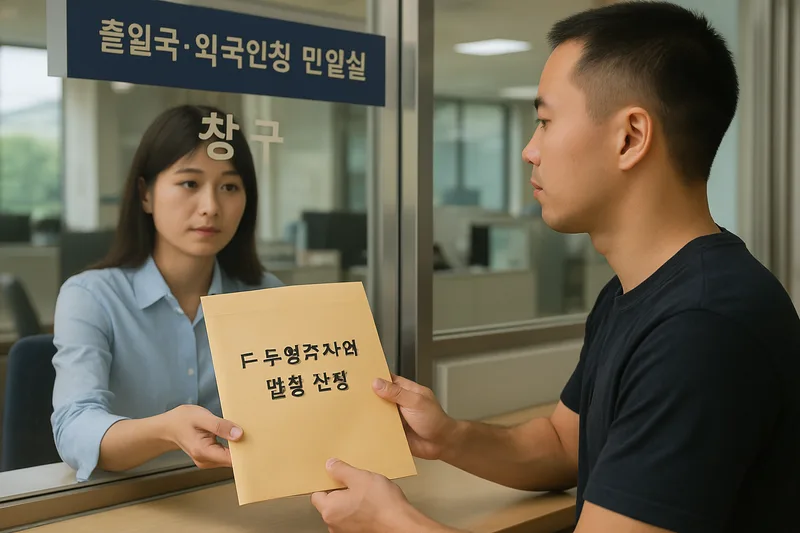 출입국외국인청 민원실 창구에서 영주권 신청 서류 봉투를 제출하는 외국인, F-5 영주자격 변경 신청