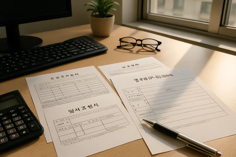 사무실 책상 위에 정리된 소득금액증명원과 납세증명서, 영주권 F-5 신청 서류 준비