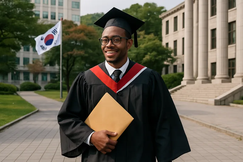 졸업 가운을 입은 외국인 유학생이 한국 대학 캠퍼스에서 서류 봉투를 들고 걷는 모습, D-2에서 E-7 취업비자 변경