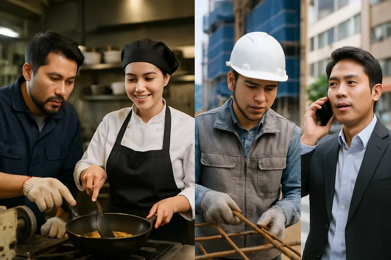 재외동포 근로자가 다양한 직종에서 일하는 모습을 모은 장면, F-4 취업 직종