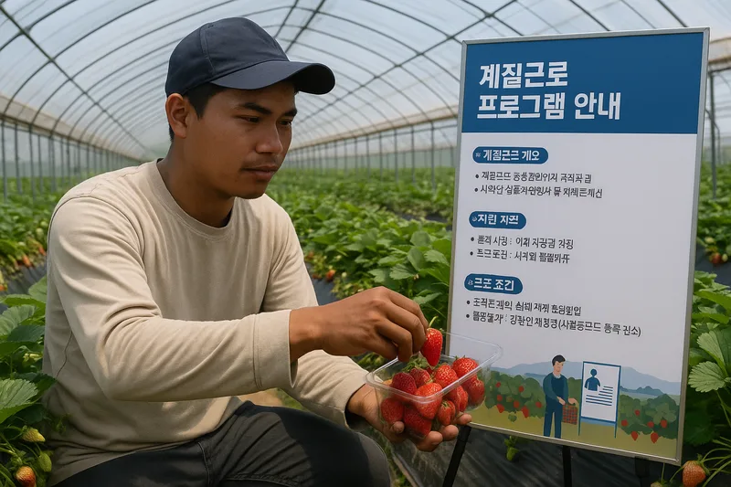 봄 수확철 딸기 비닐하우스에서 일하는 E-8 계절근로 외국인 근로자와 지자체 운영 계절근로 프로그램 안내