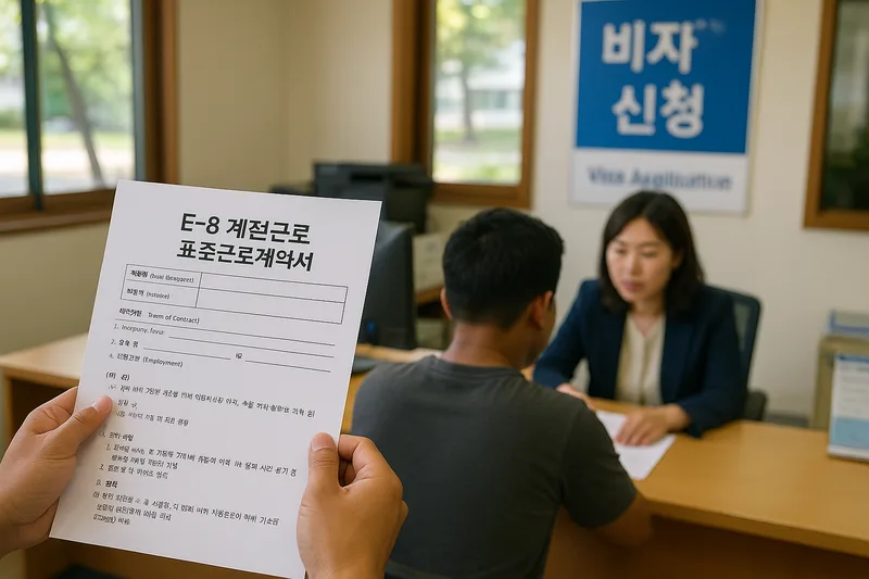 E-8 계절근로 표준근로계약서 작성과 지자체 담당 창구에서 진행되는 비자 신청 절차를 설명하는 이미지