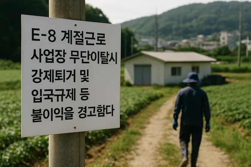 E-8 계절근로 사업장 무단이탈 시 강제퇴거와 입국규제 등 불이익을 경고하는 안내 이미지