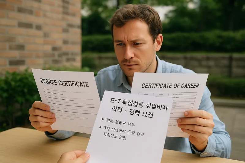 E-7 특정활동 취업비자 학력 경력 요건을 검토하는 외국인 지원자와 학위증명서, 경력증명서 서류
