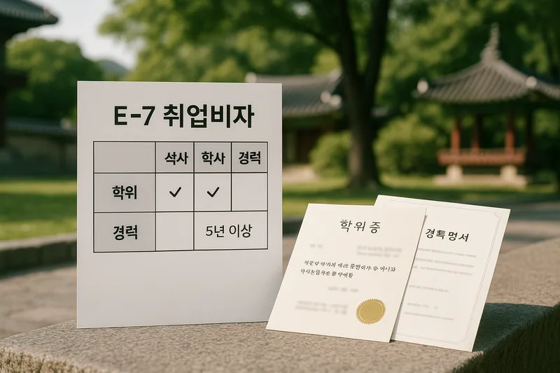 E-7 취업비자 석사 학사 경력 세 가지 자격 트랙을 비교하는 도표와 학위·경력 서류 이미지