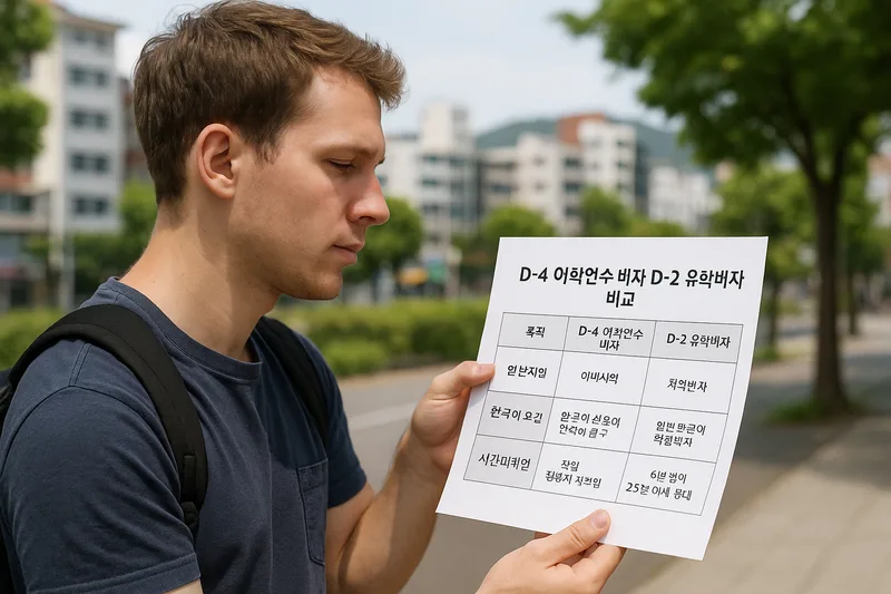 D-4 어학연수 비자와 D-2 유학비자의 목적, 한국어 요건, 시간제취업 차이를 비교하는 표를 살펴보는 외국인 유학생
