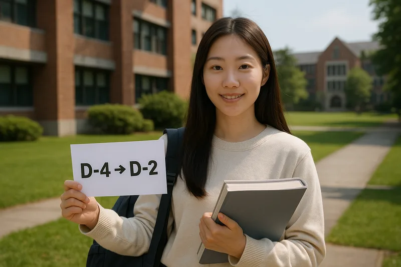 D-4에서 D-2 유학비자로 체류자격 변경을 마친 유학생이 대학 캠퍼스에서 학위과정 수업을 준비하는 모습