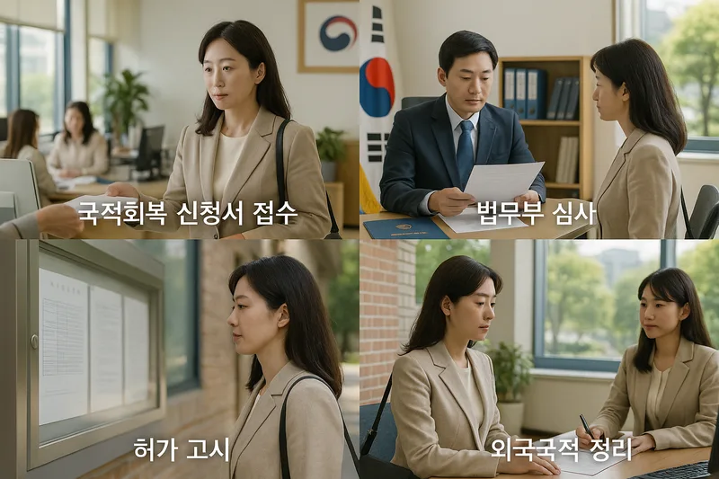 국적회복 신청서 접수부터 법무부 심사, 허가 고시, 외국국적 정리까지 이어지는 국적회복 허가 절차 단계를 정리한 안내 이미지