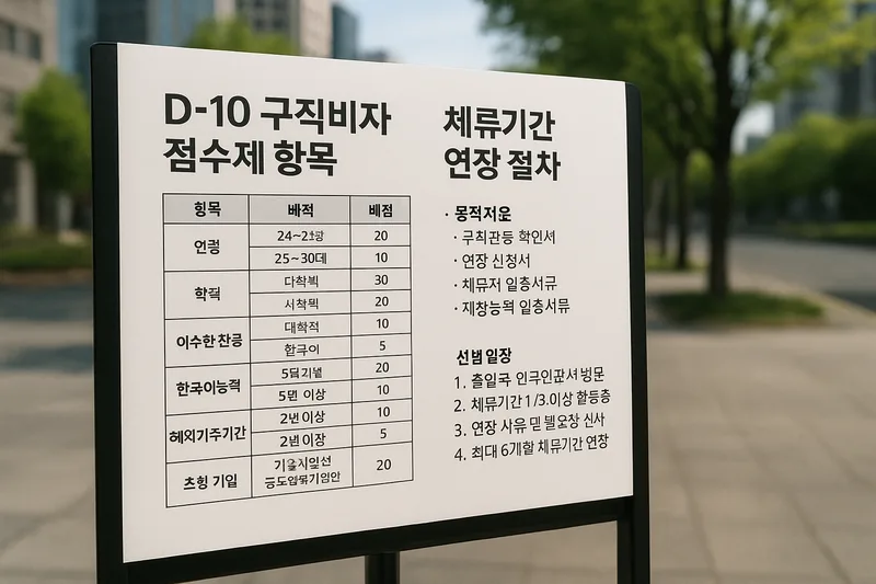 D-10 구직비자 점수제 항목과 체류기간 연장 절차를 정리한 안내 이미지