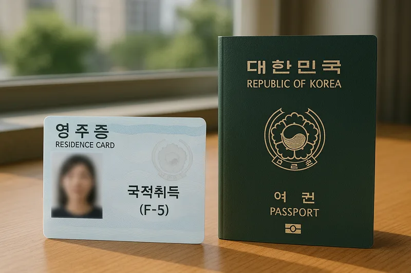 한국 영주증과 여권이 놓인 책상, 영주 F-5 국적취득 비교
