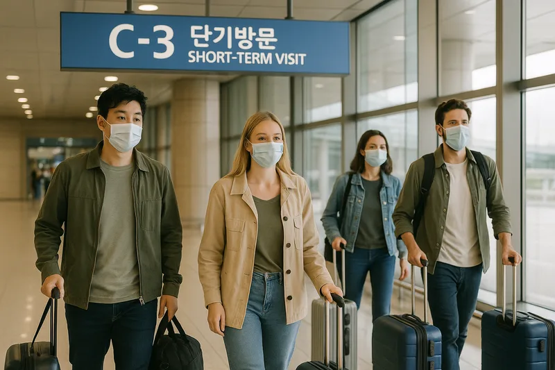 인천공항 입국장에서 짐을 든 여행객들, C-3 단기방문 입국