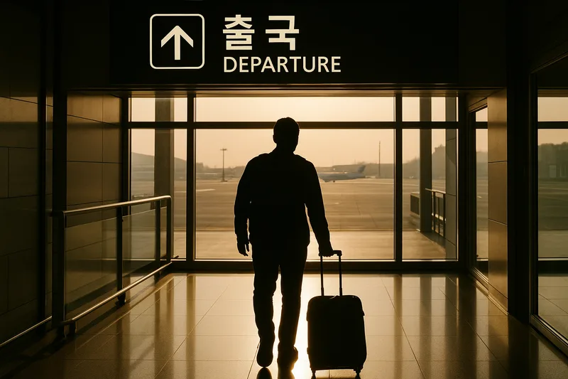 공항 출국 게이트를 향하는 여행객 실루엣, 자진출국 초과체류