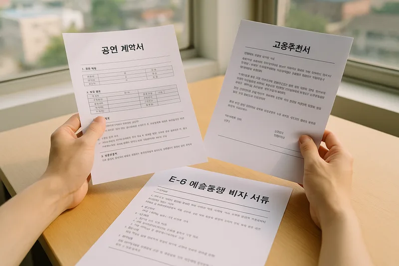공연 계약서와 소관 부처 고용추천서를 검토하는 모습, E-6 예술흥행 비자 서류
