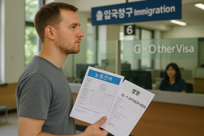 노동관서와 병원 서류를 들고 출입국 창구를 찾은 외국인, G-1 기타비자 신청 절차